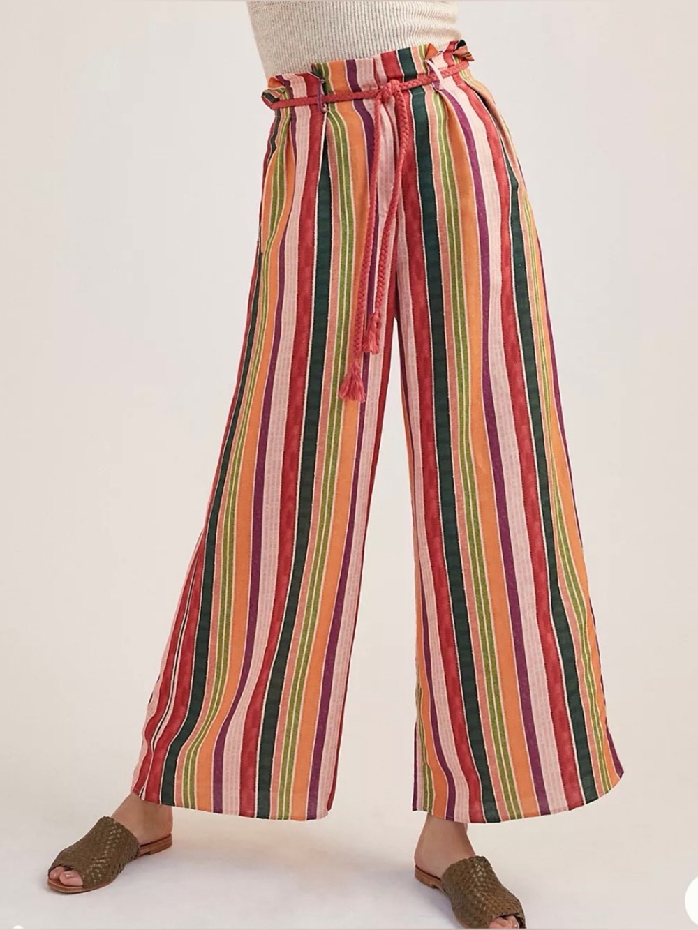 FARM Rio Augustine Striped Wide-Leg Linen Blend Pants Size L
